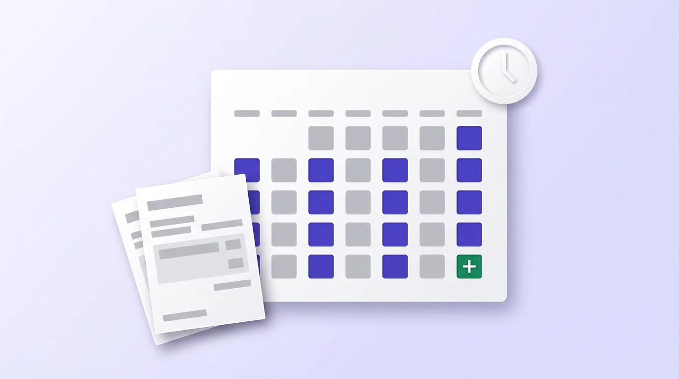 Calendar with every other payday marked in indigo and an extra payday in green, beside a stack of pay stubs