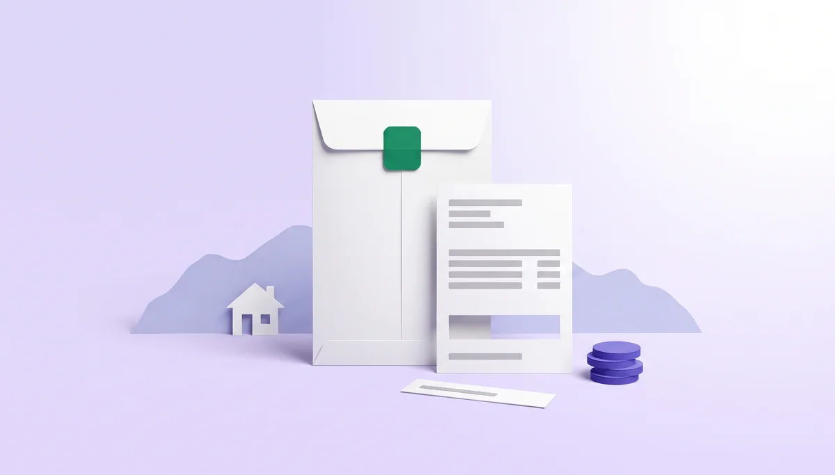 Paper-cut illustration of a pay envelope and a pay stub with one section cut away, in front of hills and a small house