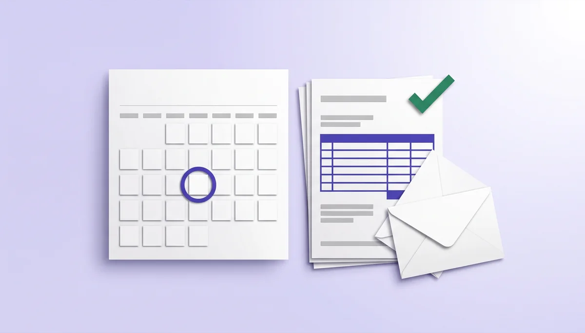 Paper wall calendar with one date circled in indigo beside a stack of tax forms and two envelopes