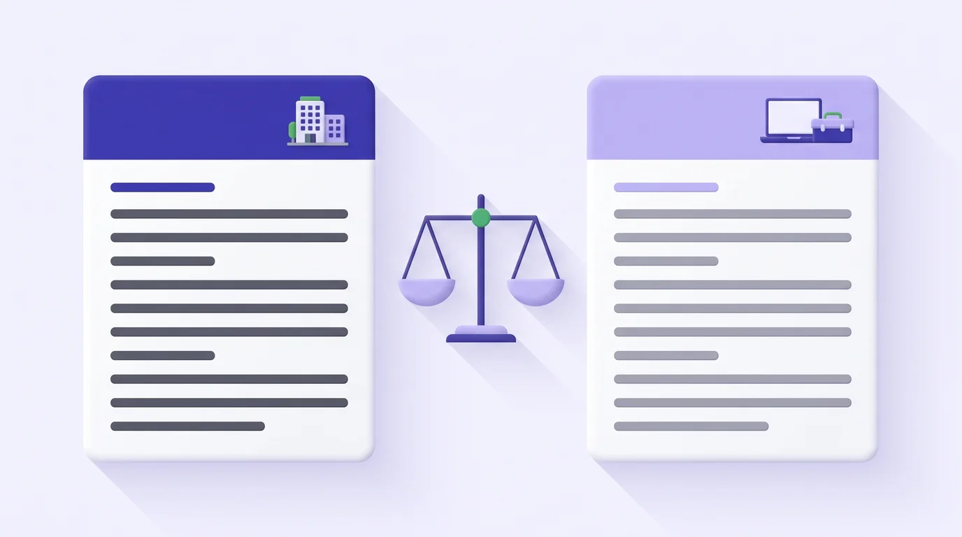 Illustration of two tax forms side by side, one for an employee and one for a contractor, with a balance scale between them