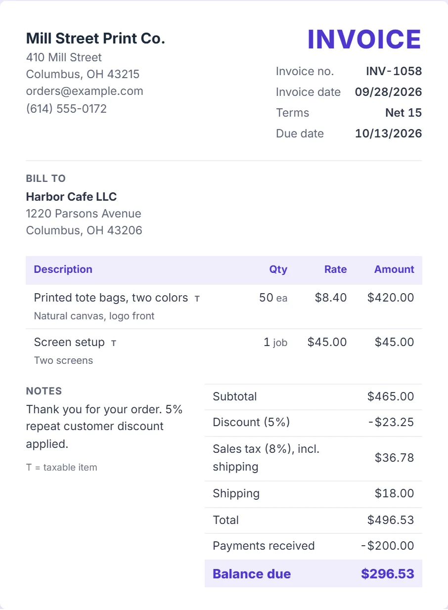 Sample invoice from Mill Street Print Co. to Harbor Cafe LLC with line items, a discount, sales tax, a deposit and the balance due
